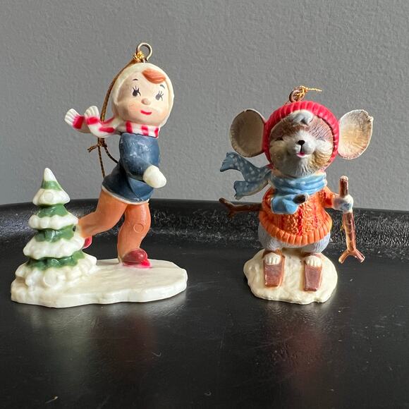 Lot of 2 Vintage Ornaments: Boy Ice Skating and Christmas mouse skiing Plastic - Picture 1 of 8